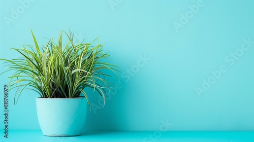 A beautiful shot of a potted plant sitting on a blue table against a blue background. The plant has long, green leaves and is in a blue pot.