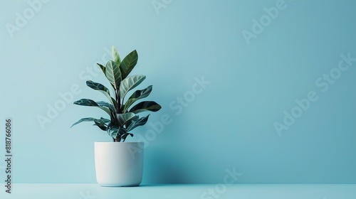A beautiful shot of a potted plant sitting in front of a blue background. The plant has vibrant green leaves and is sitting in a white pot.