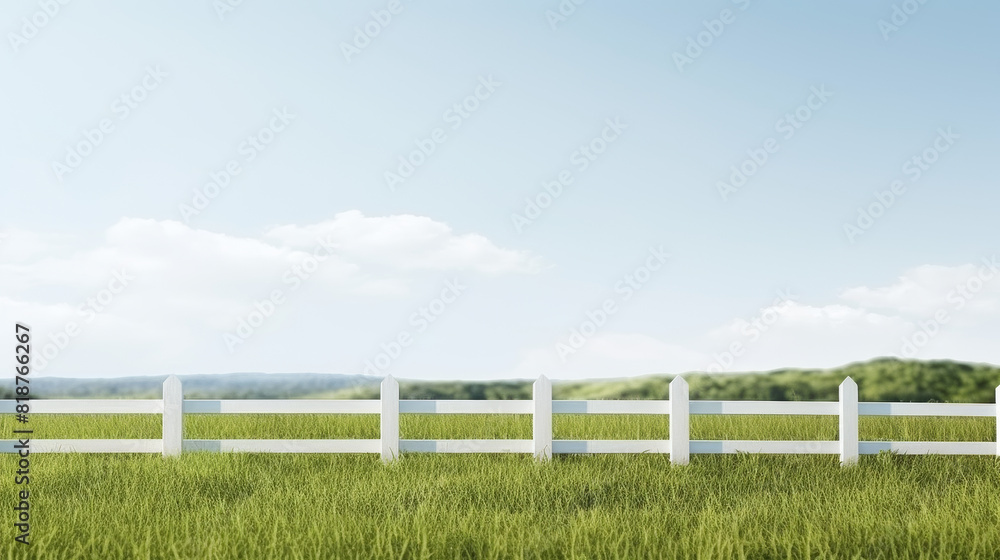 Fototapeta premium A white fence with a blue sky in the background. The fence is empty and the grass is green