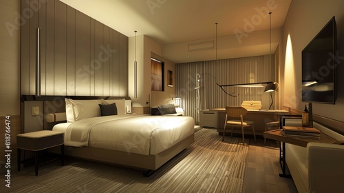 The hotel room is bathed in warm light. The bed is large and inviting  with a soft duvet and fluffy pillows.