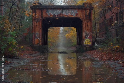 Railroad Bridge Reflection in Urban Waterway Reflection of a railroad bridge in an urban waterway  blending infrastructure with city scapes