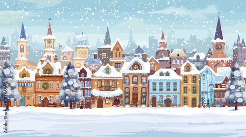 Snowy cityscape or landscape with town. City street white