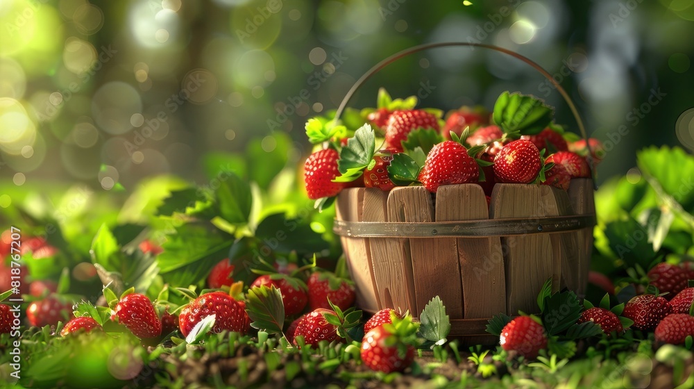 A wooden bucket full of strawberries, surrounded by fresh green leaves and set against the backdrop of a vast strawberry field. A wooden bucket full of strawberries, surrounded by fresh green leaves and set against the backdrop of a vast strawberry field.