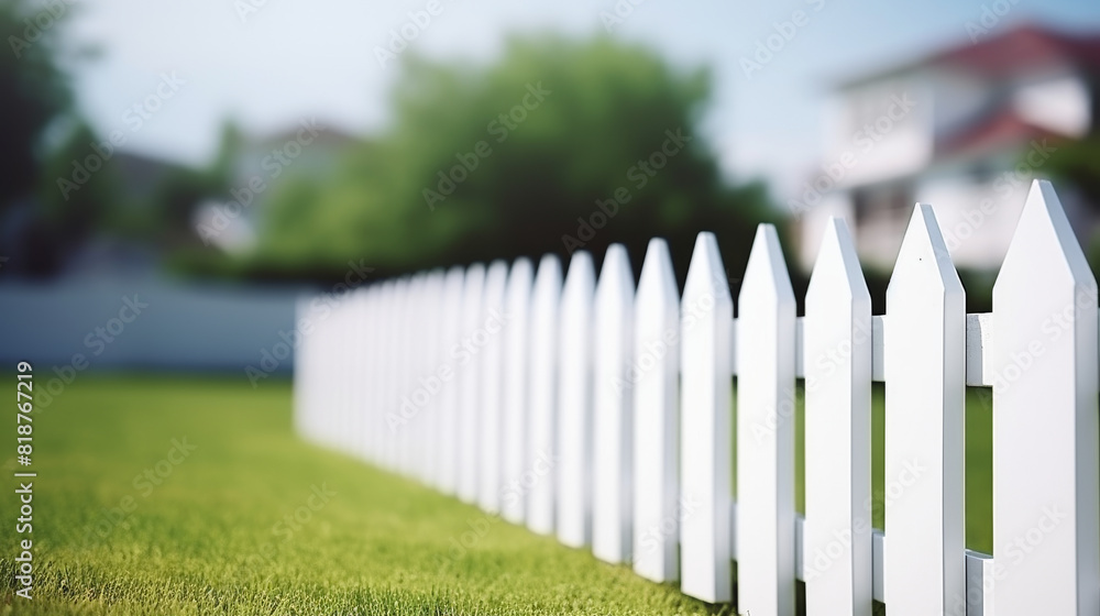 A white picket fence with a house in the background. The fence is tall and white, and the grass is green. The fence is a barrier between the house and the outside world, creating a sense of privacy A white picket fence with a house in the background. The fence is tall and white, and the grass is green. The fence is a barrier between the house and the outside world, creating a sense of privacy