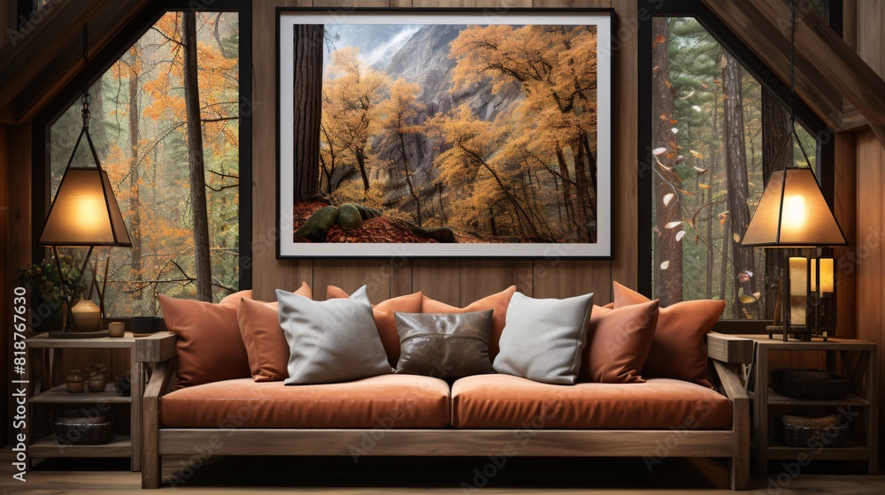 Fototapeta premium A Large Poster Frame Mockup in living room highlighting the homely ambiance. Perfect for showcasing artwork or design concepts, comfortable and welcoming cottage interior