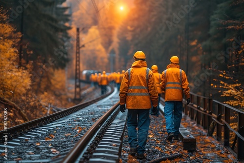 Railroad Track Maintenance Inspection Team A team of workers conducting a thorough inspection of railroad tracks, emphasizing collaboration
