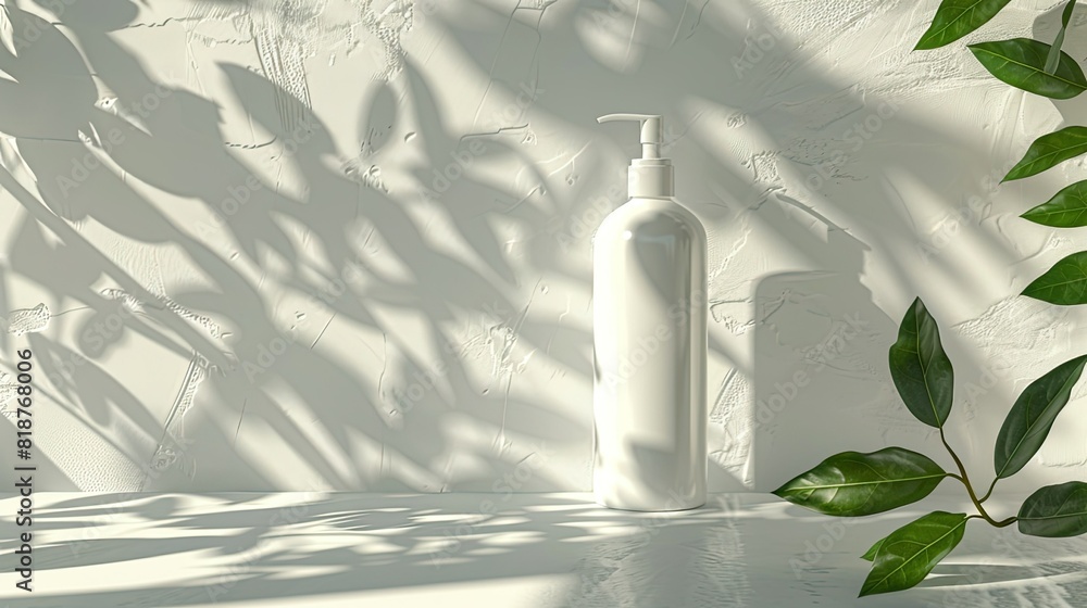 White shampoo bottle with green leaves on it, white background, minimalist style, high quality texture, soft lighting, product photography. White shampoo bottle with green leaves on it, white background, minimalist style, high quality texture, soft lighting, product photography.