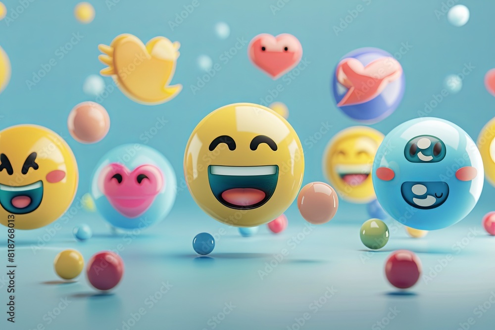 Several smiley face balloons of various colors float in the air against a clear blue sky. Generative AI Several smiley face balloons of various colors float in the air against a clear blue sky. Generative AI