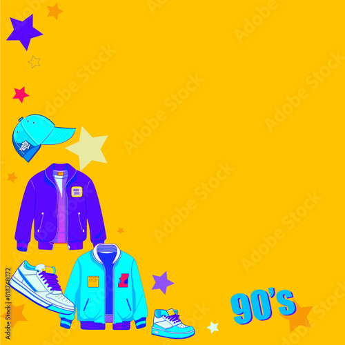 background for text from the visual aesthetics of the 90s, consisting of purple and azure sports jackets, two types of white sneakers, an azure sports cap on a yellow background with multi-colored sta
