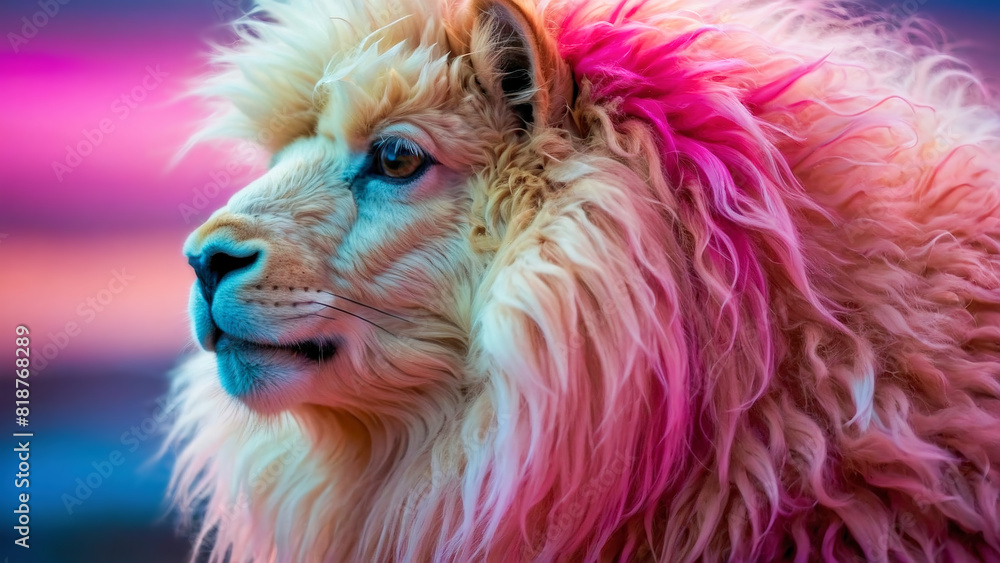 Naklejka premium Rainbow Lion, Energetic Lion Dance with Hyperreal Synth wave