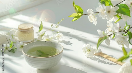 Close-up of a white table with a bowl and a jar of green tea. Around are Japanese-style spa elements, flowers and a small wooden machine for applying balm to the face or body.