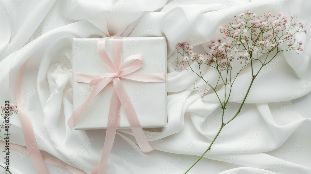White gift box with pink ribbon, delicate flowers and pink satin ribbons on the table, clean composition, minimalist aesthetics, soft pastel colors. White gift box with pink ribbon, delicate flowers and pink satin ribbons on the table, clean composition, minimalist aesthetics, soft pastel colors.