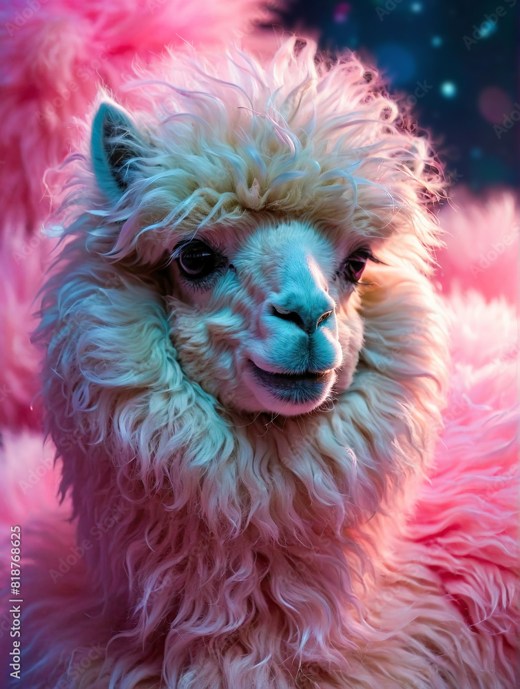 Cute Llama. Simple alpaca with milky way on the background