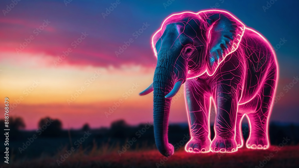 Fototapeta premium Painting with light Colorful beautiful elephant made of millions of ultra bright neon strings