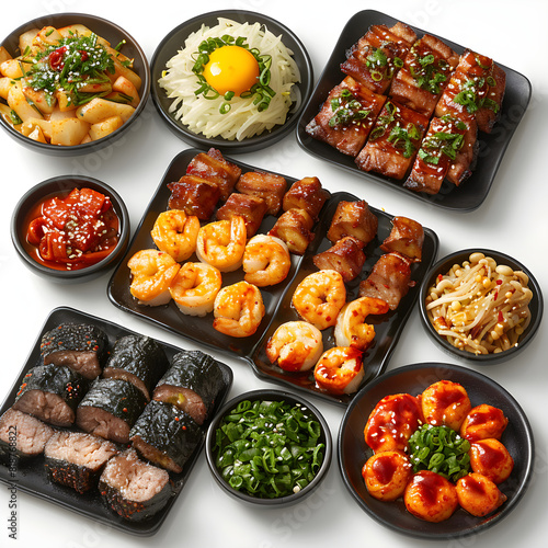 Realistic top view of a variety of korean dishes, featuring bbq meats, rice, and traditional banchan on a clean white background