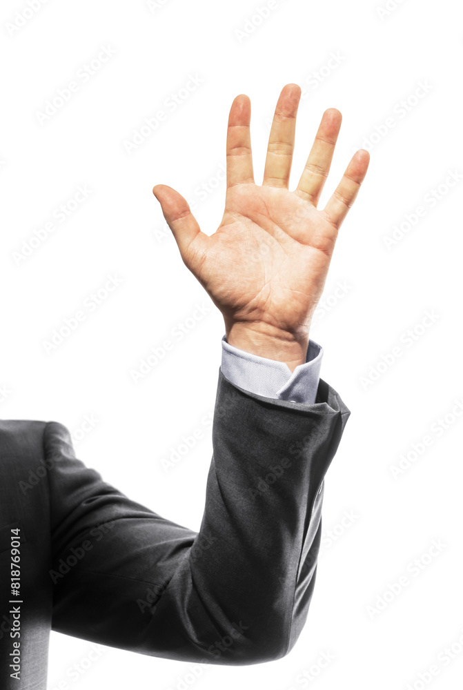 A man’s extended hand in a suit sleeve on a white background, indicating a gesture or presenting something