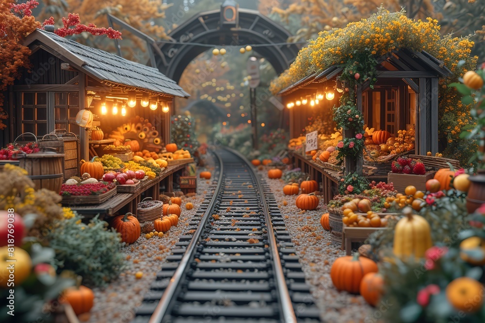 Railroad Trackside Autumn Railway Market A railway market set up with autumn-themed goods and decorations alongside the tracks