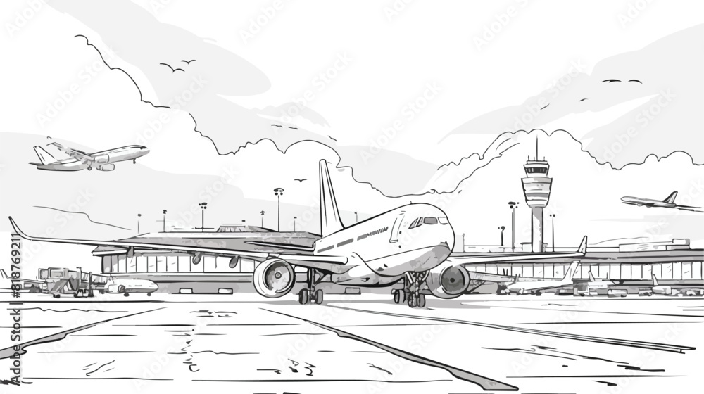 Airport aircraft. Lineart black and white illustration