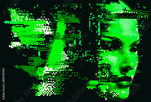 Silhouette of a 3D glitched human head. Conceptual image of AI (artificial intelligence) and VR (virtual reality). Futuristic 8-bit style vector illustration.