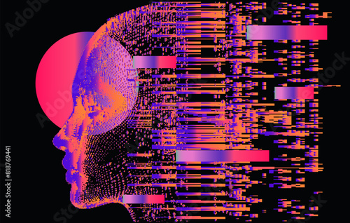 3D human pofile made of holographic pixels and particles on a dark background. A conceptual vector illustration of identity in virtual reality.