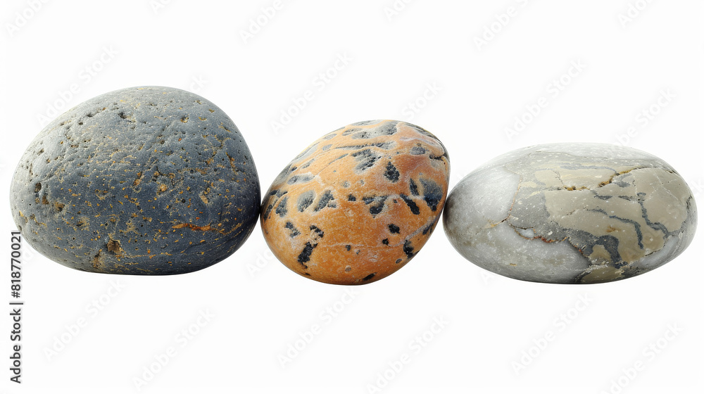 Three rocks are lined up next to each other. The rocks are of different sizes and colors. The image has a calm and peaceful mood, as the rocks are arranged in a simple and orderly manner Three rocks are lined up next to each other. The rocks are of different sizes and colors. The image has a calm and peaceful mood, as the rocks are arranged in a simple and orderly manner