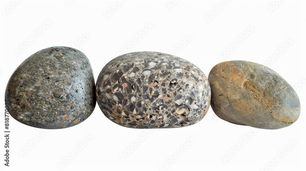 Three rocks are lined up on a white background. The rocks are of different sizes and shapes, and they appear to be rough and jagged. Scene is one of ruggedness and natural beauty Three rocks are lined up on a white background. The rocks are of different sizes and shapes, and they appear to be rough and jagged. Scene is one of ruggedness and natural beauty