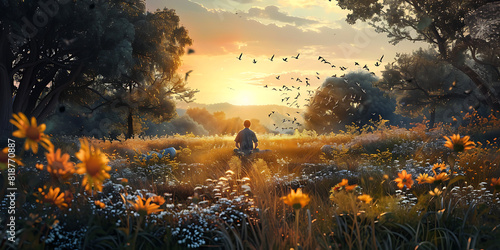 sunset on the river,  A person enjoying a leisurely picnic in a peaceful meadow, surrounded by wildflowers and chirping birds photo