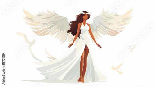 Angel cartoon woman in white dress vector flat illustration