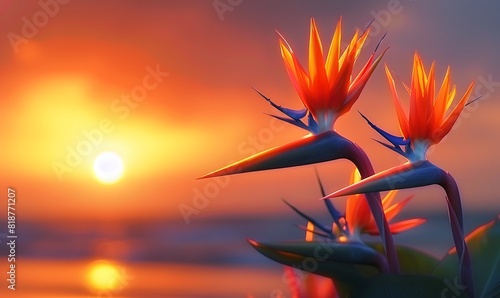 Strelitzia birds of paradise against a vivid sunset, Generative AI