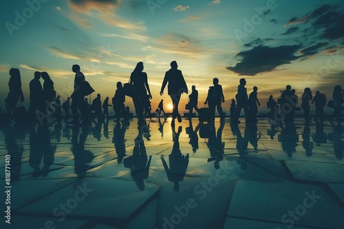 corporate stratosphere business leadership silhouette widescape digital concept people group walking perspective 
