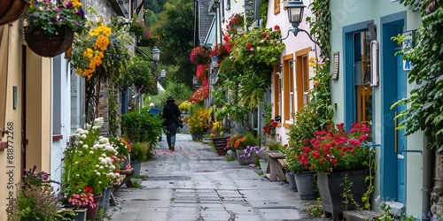Fototapeta Naklejka Na Ścianę i Meble -  street in island, A person enjoying a leisurely stroll through a picturesque village, with quaint cottages and colorful flower gardens lining the streets