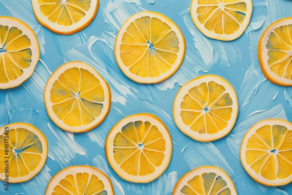 Pattern of ripe lemon slices on blue background Pattern of ripe lemon slices on blue background