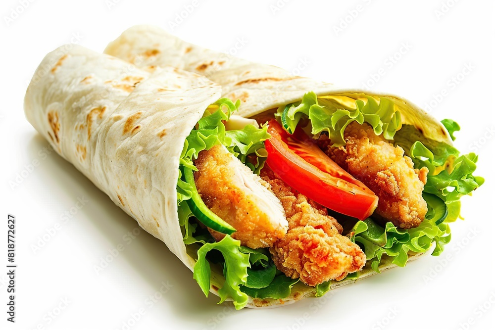 Tortilla wrap with fried chicken and fresh vegetables on white background Tortilla wrap with fried chicken and fresh vegetables on white background