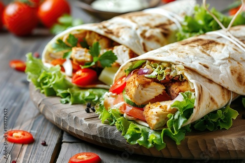 Tortilla wrap with chicken and fresh vegetables on wooden table
