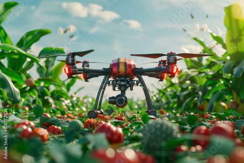 Photo-documented agricultural drone applications for sustainable farming, featuring surveying techniques and vector illustrations for vast horticultural fields. photo