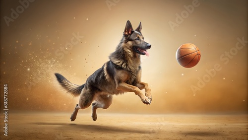 Surreal of a German shepherd play Basketball on light brown Background