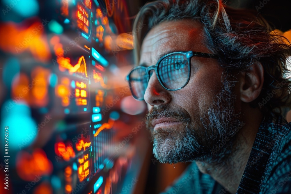 Man with glasses analyzing display at dynamic tech conference Man with glasses analyzing display at dynamic tech conference