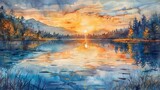An inspiring watercolor painting of a serene sunrise over a tranquil lake, capturing the tranquility of nature and the beauty of new beginnings.