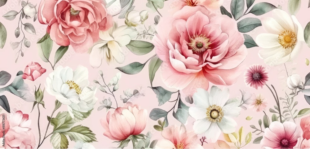 Charming Florals: Light Pink Background with Pink and White Flowers and Green Leaves