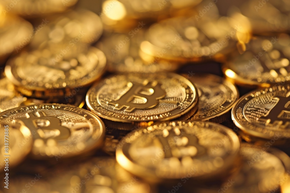 A pile of shiny golden bitcoin coins stacked on top of each other in a close-up view. Generative AI A pile of shiny golden bitcoin coins stacked on top of each other in a close-up view. Generative AI
