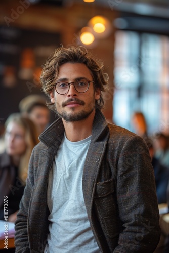 Man with glasses leading a group at startup accelerator pitch event