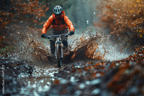 Croscountry mtb cyclist rides on a mud puddle trail