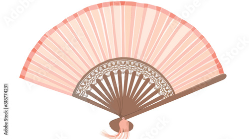 Asian paper hand fan with fringe decor. Japanese souv