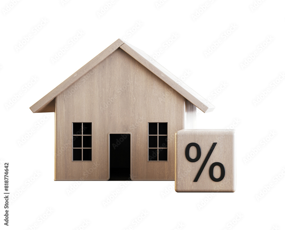 A wooden house model next to a cube with a percentage symbol, isolated on a white background, symbolizing real estate finance A wooden house model next to a cube with a percentage symbol, isolated on a white background, symbolizing real estate finance
