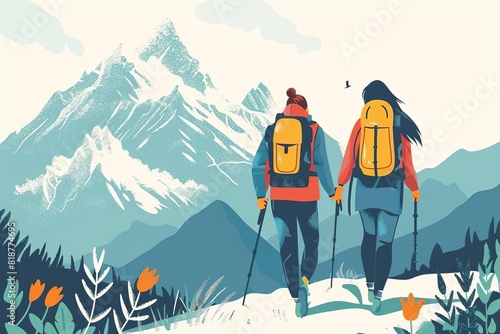 couple hiking in mountains scenic nature trail adventure travel illustration