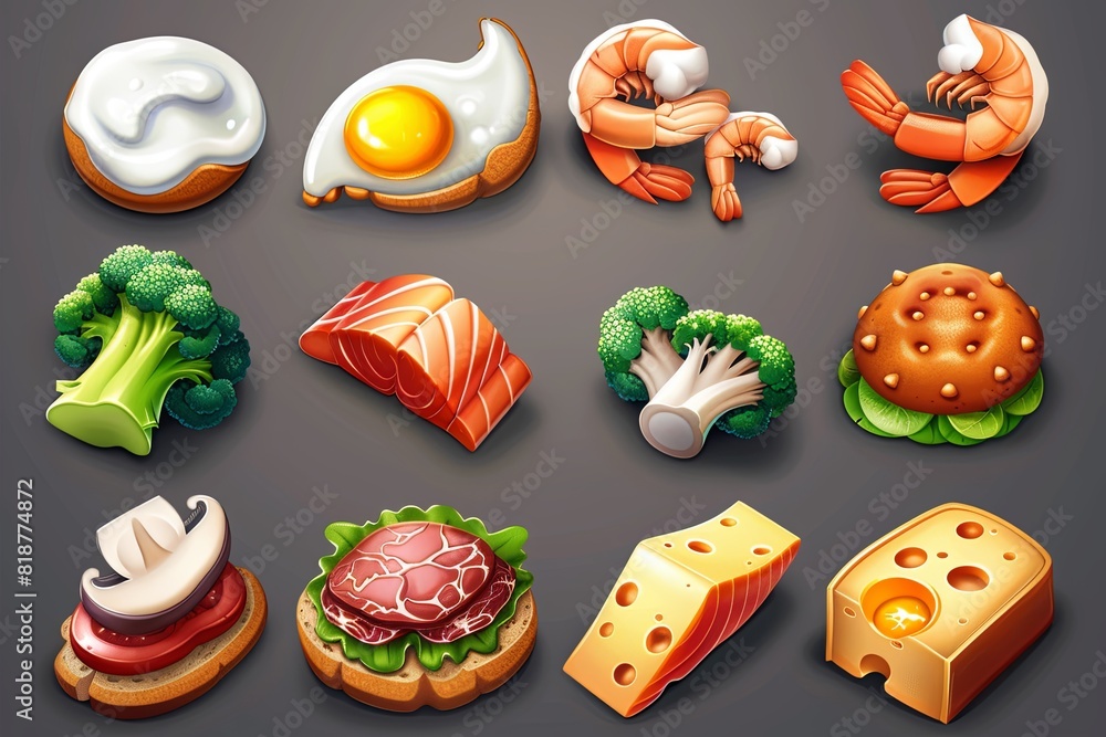 Fototapeta premium Various food icons such as fruits, vegetables, dairy products, and grains arranged on a table. Generative AI