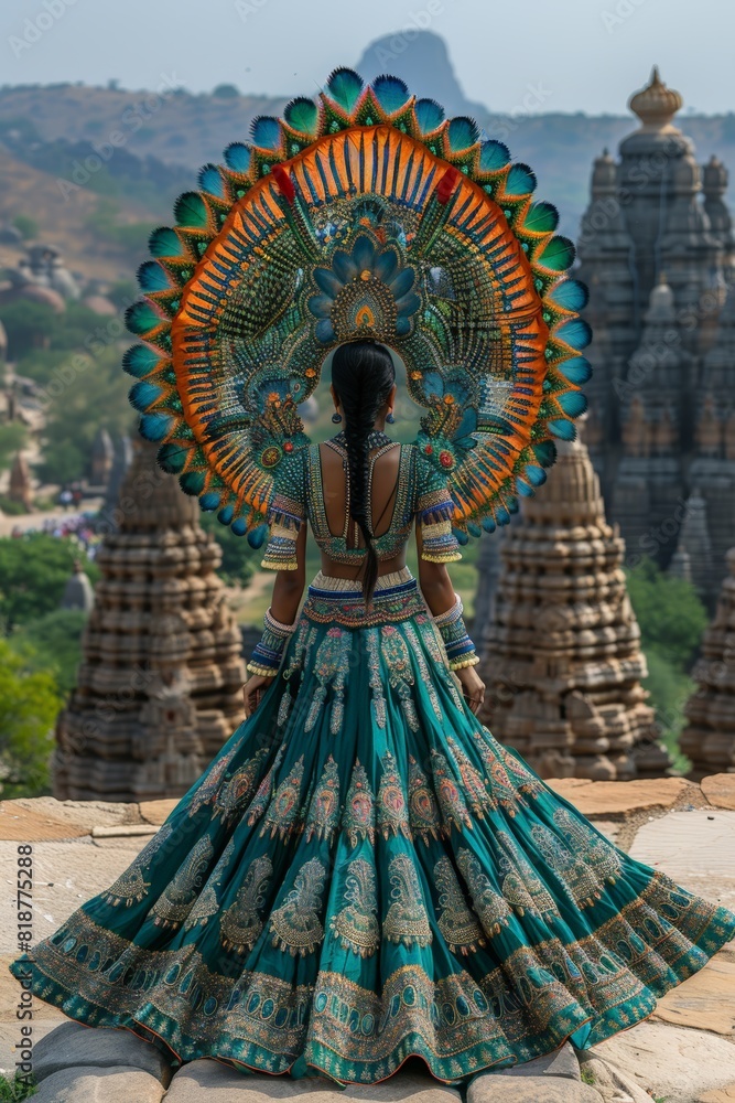 Woman in green and orange dress with peacock headdress at vijaya utsav Woman in green and orange dress with peacock headdress at vijaya utsav