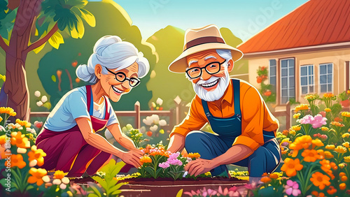 Cartoon draeing of old people sitting on grass planting a tree outside, family and lifestyle of retired