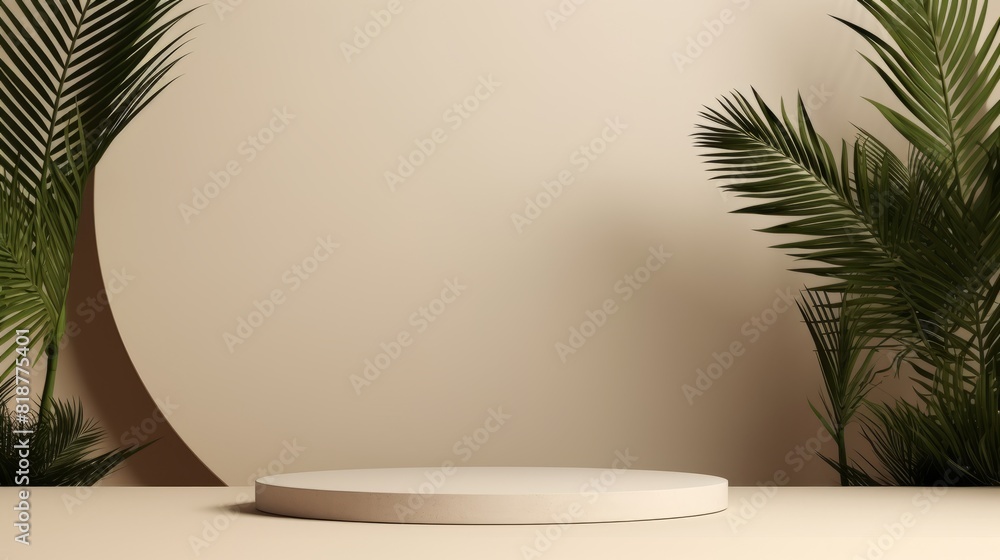 Empty stone pedestal with green leaves modern background. Product display design, mockup template Empty stone pedestal with green leaves modern background. Product display design, mockup template