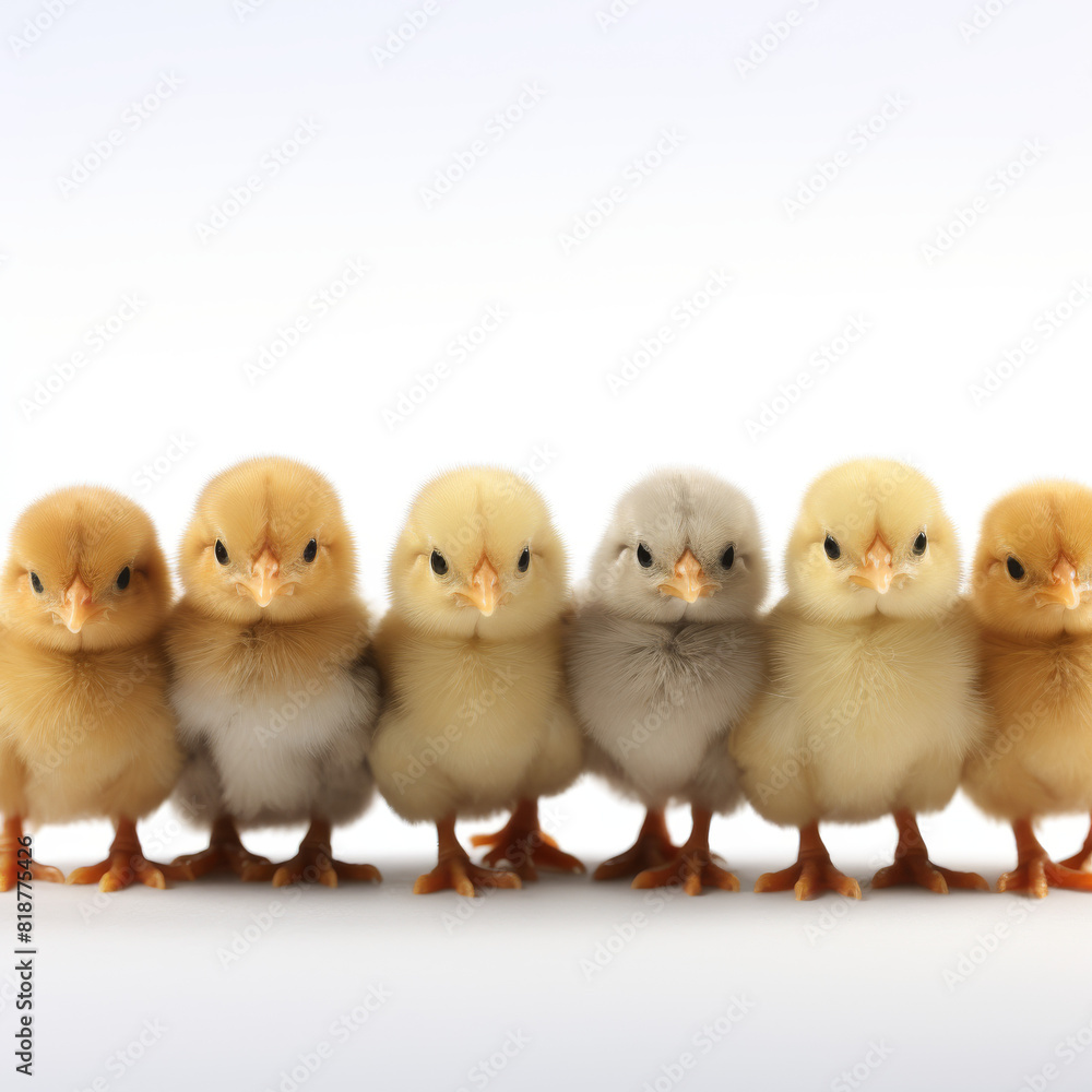 A row of baby chicks standing in a line. The chicks are all different colors, including yellow, white, and gray A row of baby chicks standing in a line. The chicks are all different colors, including yellow, white, and gray